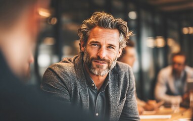 Obraz premium Cheerful businessman smiling at table during meeting in warm office environment with colleagues