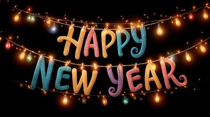 Happy New Year festive string lights with colorful text perfect for holiday greetings and celebrations