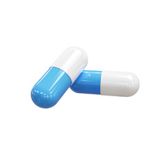 Two blue and white pharmaceutical capsules on a transparent background. 3D-rendered bicolored capsules. For themes related to medicine, antibiotics, vitamins, healthcare. 3d render. PNG