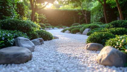 Serene pathway of pebbles and greenery in a tranquil, sunlit, outdoor setting