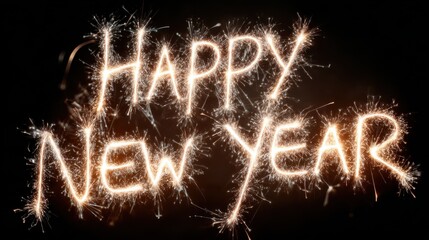 Sparkling Happy New Year greeting written with light against a dark background, vibrant celebration