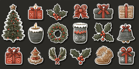 クリスマスツリーやプレゼント、リースなど、冬を彩る様々なモチーフを詰め込んだ、手描きのベクターイラスト素材です。