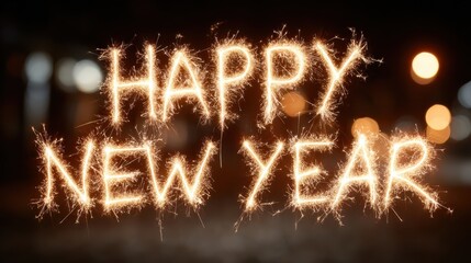 Sparkling Happy New Year message written with fireworks against a dark background, celebration concept