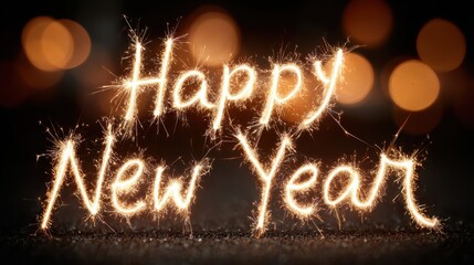 Sparkling Happy New Year message written with golden light, perfect for celebratory designs and festive announcements