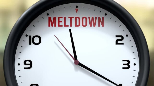 Meltdown that is going to happen soon. Upcoming meltdown, approaching in the near future. Meltdown almost here, in a short time - a clock symbolizes a reminder that meltdown is near.