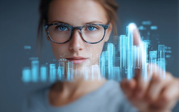Businesswoman in glasses engaging with 3d holographic bar chart for data analysis and review