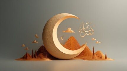 Elegant Ramadan Kareem crescent moon design with golden Arabic calligraphy and landscape elements