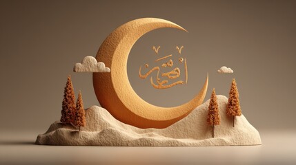Elegant Ramadan Kareem crescent moon with Arabic calligraphy, warm golden tones, and serene landscape