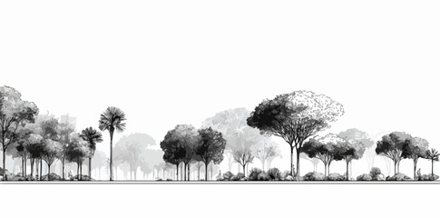 モノクロの木々が並ぶ風景ベクターイラストは、自然の美しさをシンプルに表現し、デザインに静けさと奥行きを加えます。