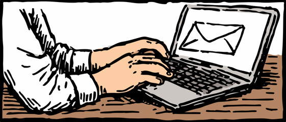 ノートパソコンでメールを送信する人の手元をクローズアップしたベクターイラスト