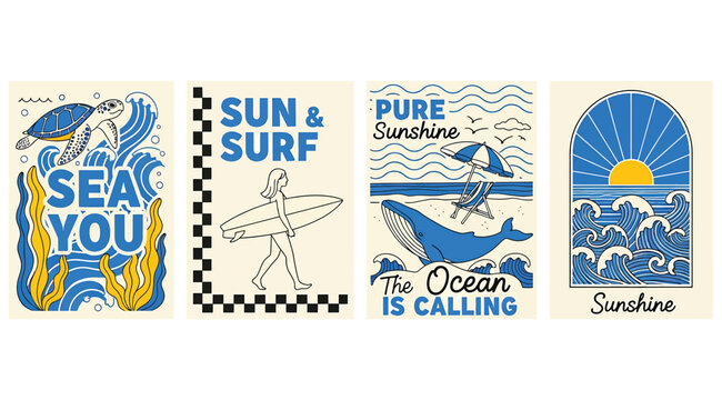 A collection of four retrostyle graphic designs featuring ocean and surf themes, including turtles, surfers, and whales, with bold blue and yellow color palettes and playful typography