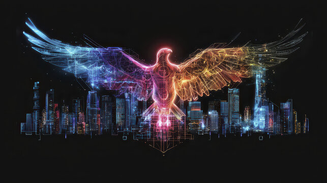 Vibrant digital artwork featuring stylized eagle with glowing wings, soaring over futuristic city skyline. neon colors