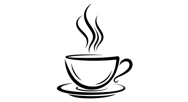 Stylized coffee cup with rising steam, black line art on white background