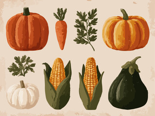秋の収穫を祝う、かぼちゃ、ニンジン、トウモロコシ、ナスなどの野菜のベクターイラスト。