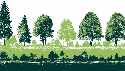 様々な種類の木々が重なり合う、緑豊かな森の風景を表現したベクターイラストレーション。