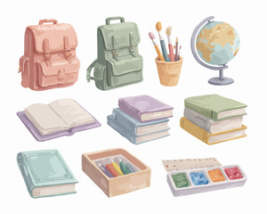 学校や勉強に必要な文房具や教材が描かれたイラスト