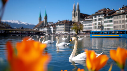 Tranquil cityscape featuring graceful swans gliding on a river, with historic buildings and snow-capped mountains in the backdrop, under a clear blue sky. Serene urban scene.