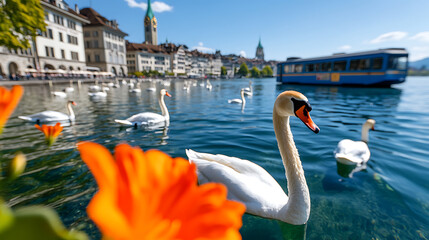 Idyllic lakeside scenery with graceful swans gliding across the serene water, the cityscape providing a picturesque backdrop under a clear blue sky. Serenity defined!