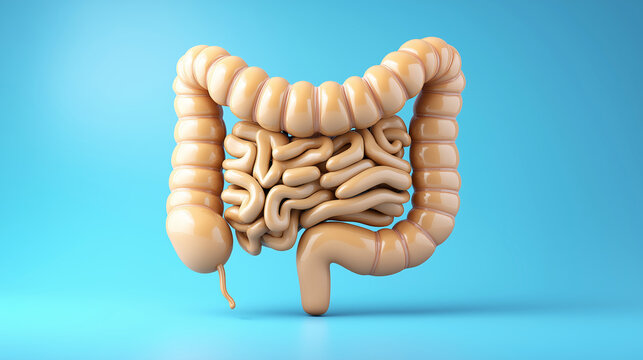 Human large intestine and small bowel 3D model, representing digestive system anatomy, microbiome, and gut health