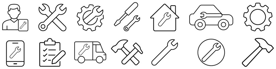 Collection of repair and maintenance line icons including wrench, hammer, gear, car, and home service tools. Perfect for mechanic, handyman, construction. repair, maintenance, tools, vector, icon