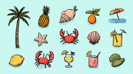 夏らしいトロピカルなアイコンセット。ヤシの木、パイナップル、カニ、カクテルなど。