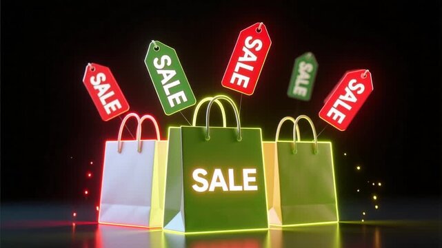 Exciting sale event with vibrant shopping bags and dynamic price tags, a must-have for retail marketing and promotional campaigns, bringing shopping fervor