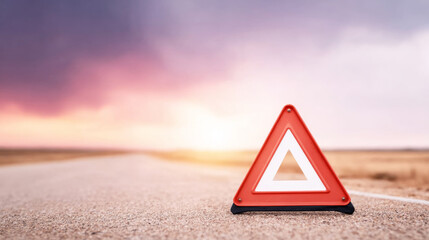 Warning triangle indicating a car breakdown or roadside emergency on an isolated road under a vivid sky, symbolizing danger or crisis