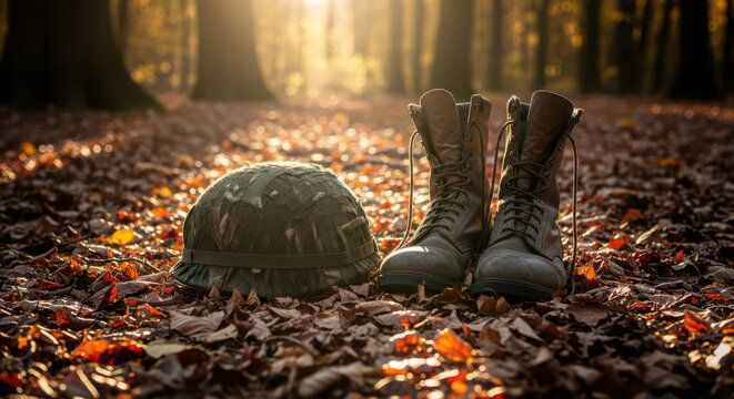 Fallen soldier s helmet and boots in autumn forest - Powered by Adobe