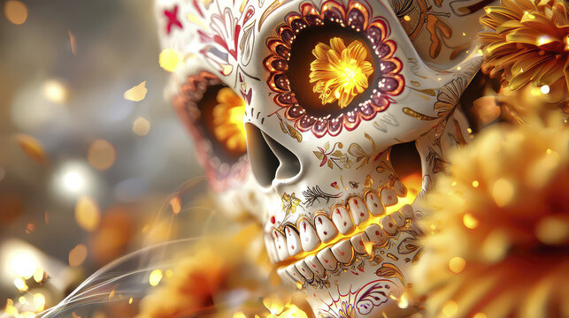 Vibrant sugar skull adorned with intricate designs and glowing marigolds, symbolizing celebration and remembrance