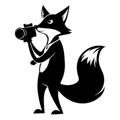 Fox with a camera taking pictures. silhouette vector icon , black and white , white background