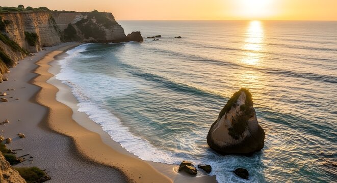 Description of the Image
This is a picture of a secluded, sandy beach framed by a tall, rugged cliff on the left. The water is a mix of turquoise and deep blue with waves gently breaking onto the shor
