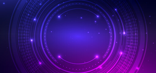 Abstract technology speed lines circles with lighting effect on blue and purple background. Hi tech communication concept.