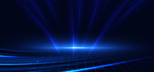 Beam blue curved glowing on dark blue background. Hi speed movement concept.