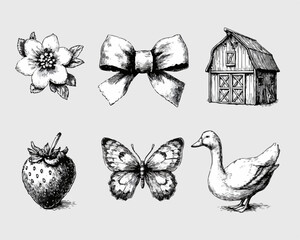 田舎の風景を彩る、手書き風のイラスト素材。花、リボン、納屋、いちご、蝶、アヒル。