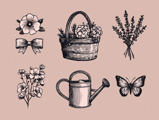 手描きの花、リボン、バケツ、ラベンダー、じょうろ、蝶のイラストセット