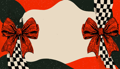 赤と黒の市松模様とリボンで飾られた、クリエイティブなベクター背景デザイン。