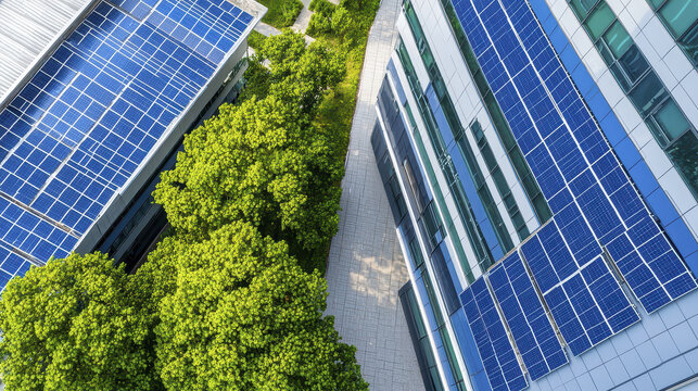 Sustainable architecture design featuring solar panels on rooftops, surrounded by greenery, promotes eco friendly living