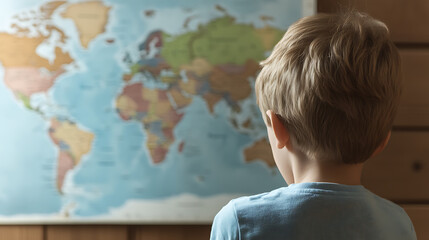 A young boy gazes at a world map, his imagination taking flight as he explores continents and countries. The world unfolds before him, sparking a sense of adventure and curiosity.