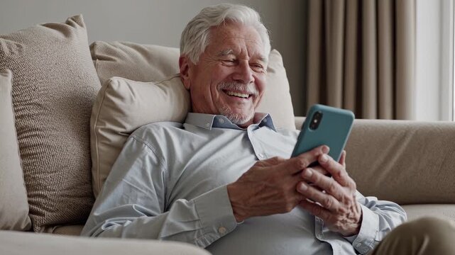Senior man using smartphone while sitting on couch. Smiling and relaxed at home exploring communication technology. Comfortable posture and warm expression. Suitable for lifestyle and app marketing.
