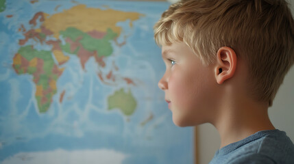 Boy's Worldview: Young child gazes at a vibrant world map, dreaming of future adventures and discovering new places. The map sparks his imagination, inspiring curiosity.