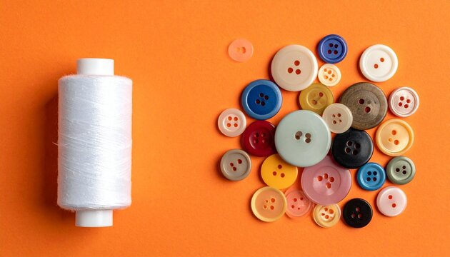 Spool of white thread and assorted colorful buttons—arranged on orange background - Powered by Adobe