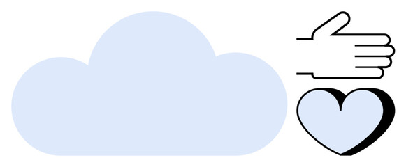 Cloud shape beside a hand and heart emphasizing connection, care, support, sharing, communication, technology, and teamwork. Ideal for community, kindness cloud computing and collaboration themes