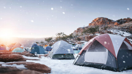 Colorful tents arranged in a snowy mountain camp, as a group embarks on a winter adventure during the enchanting golden hour