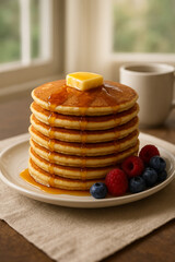 Stack of Pancakes with Butter, Maple Syrup, and Fresh Berries