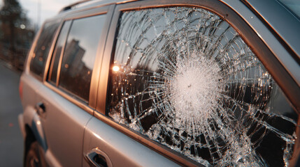 Car side window shattered with impact, showing vehicle damage, crime, security breach, and vandalism