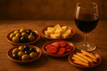 Assorted Tapas with Olives, Cheese, Chorizo, Breadsticks, and Red Wine