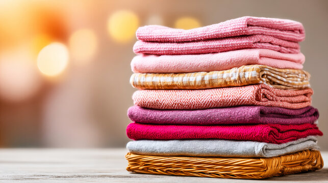 Stack of clean folded laundry and fabrics on a warm wicker basket creating a feeling of domestic comfort
