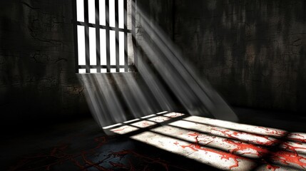 Dark Prison Cell with Blood Stains and Light Rays Through Bars