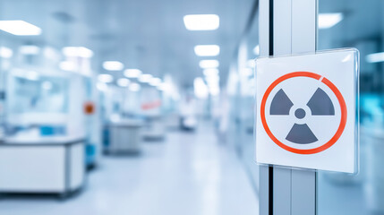 Radiation warning sign on a door of a blurred cleanroom environment with bright lights in a scientific facility