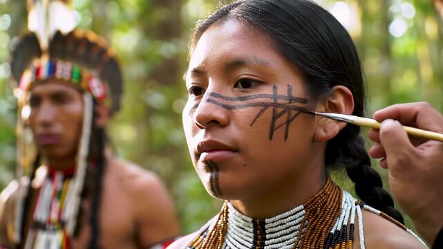 young indigenous woman with traditional facial markings, beaded necklaces, serene. hand draws lines on cheek in sun-dappled ancient forest. concept of cultural ritual and natural beauty